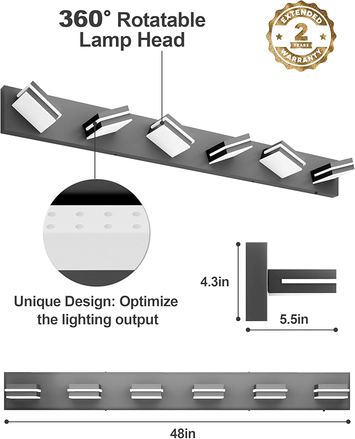 VOLISUN Modern Bathroom Vanity Light Fixtures (6-Light, 48-Inch), Matte Black LED Bathroom Lighting Fixtures Over Mirror, 360°Rotatable Head, LED Vanity Lights for Bathroom (Cool White 6000K)