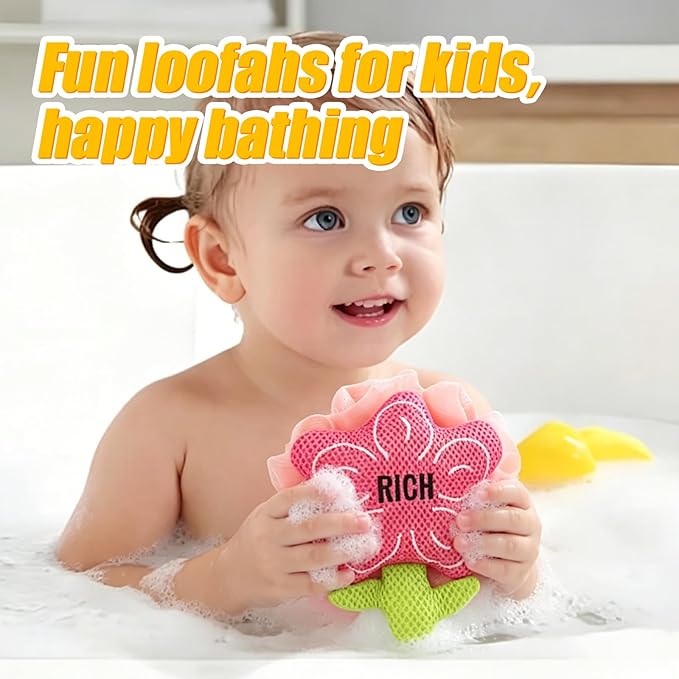 Kids Loofah, Cute Cartoon Animal Kids Bath Sponge with Hanging Rope, Soft Double Mesh for Rich Lather (Money Flower)