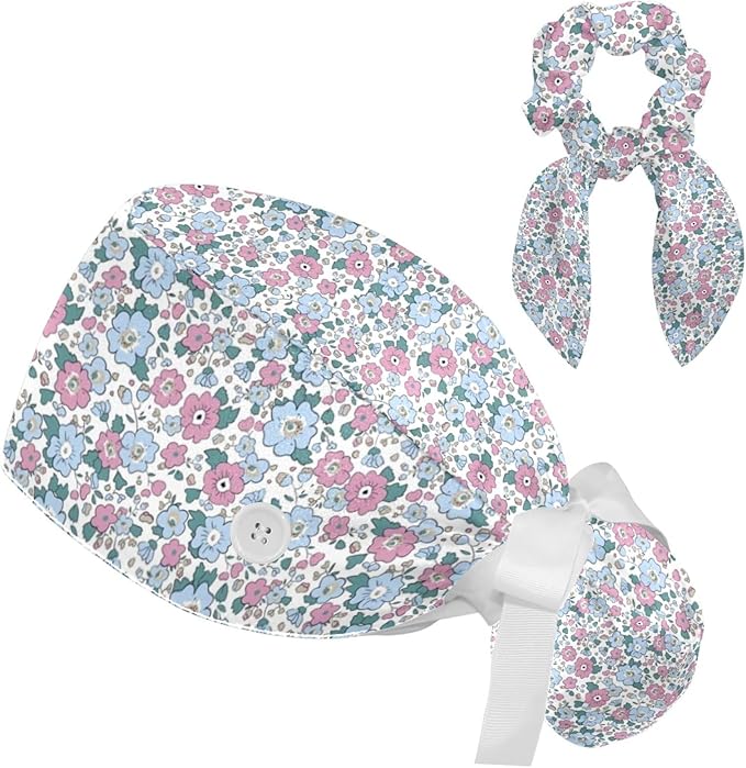 Scrub Caps Women Nursing Hats Floral Flowers with Buttons Ponytail Working Adjustable Pouch Tie Back