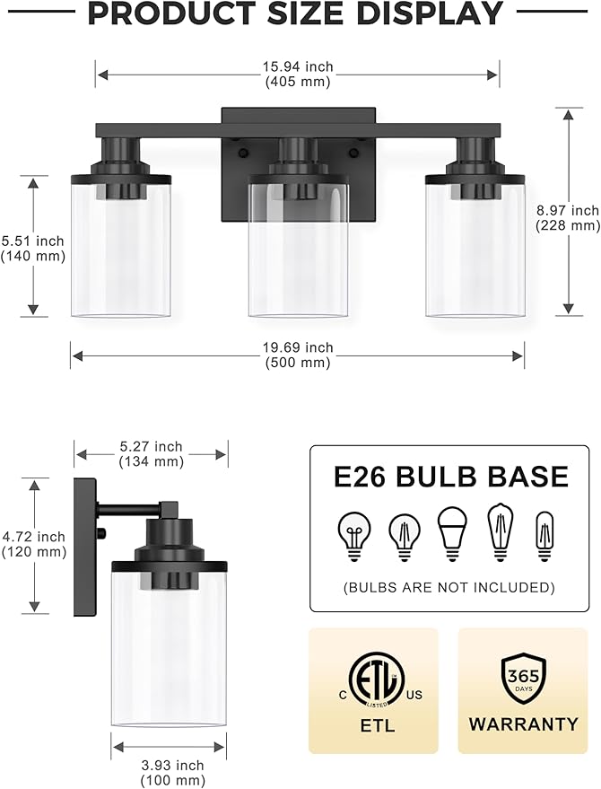L LOHAS LED 3-Light Black Bathroom Light Fixtures,Modern Bathroom Lighting Fixtures Over Mirror with Clear Glass Shade, Vanity Lights for Living Room, ETL Listed