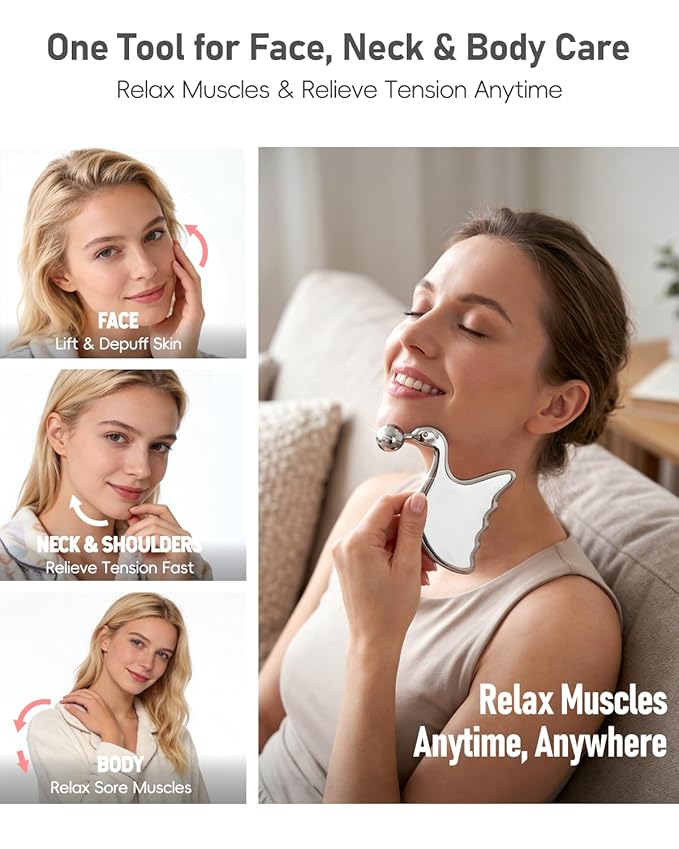 Stainless Steel Gua Sha with Eye Roller, 2026 Updated 2 in 1 Swan Shaped Face Guasha Massage Tool, Cooling Metal Facial Massager Scraper for Jawline Sculpting, Cheeks & Chin, Gift for Women & Moms