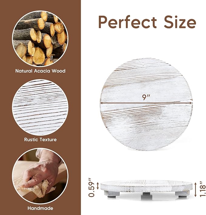 Small Round Decorative Tray White Washed Wood Bathroom Counter Organizer Pedestal Stand Farmhouse Kitchen Decor Wooden Riser for Soap Dish, Perfume, Candle, Sponge, 9"