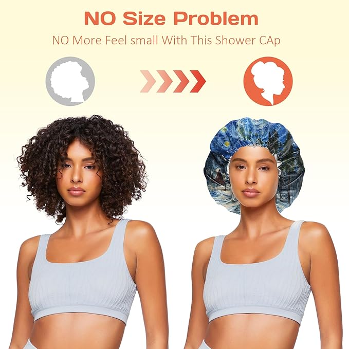 Shower Cap Reusable Double Layer Adjustable Elastic Waterproof EVA Hair Bath Caps for Women Girls Cute Aesthetic-Starry Night