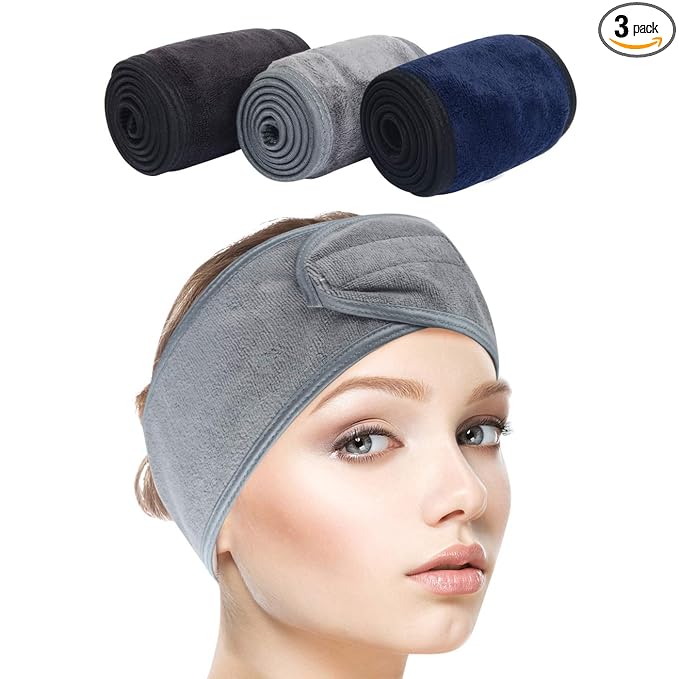 SINLAND Spa Headband for Women Ultra Soft Adjustable Makeup Hair Band with Magic Tape, Stretch Head Wrap for Bath, Shower, Facial Mask, Yoga