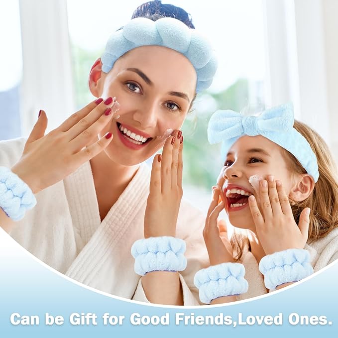 Zkptops 6Pcs Spa Headband for Washing Face Wristbands Set Women Bubble Makeup Sponge Terry Cloth Padded Puffy Skincare Headband Bow Tie Hairband Cute Non Slip Thick Hair Accessory Gifts (Blue)