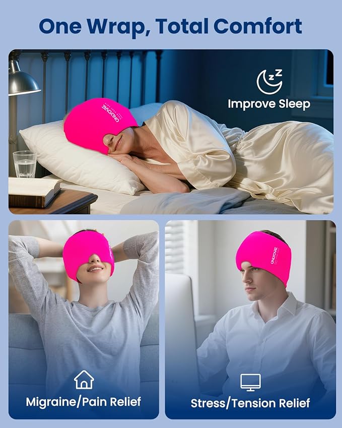 Upgraded Migraine Relief Cap, ONLYCARE Headache Relief Cap, Soothing Migraine Mask, Odorless Gel Ice Head Wrap, Hot & Cold Therapy, Reusable Ice Pack for Tension and Stress Rose Red