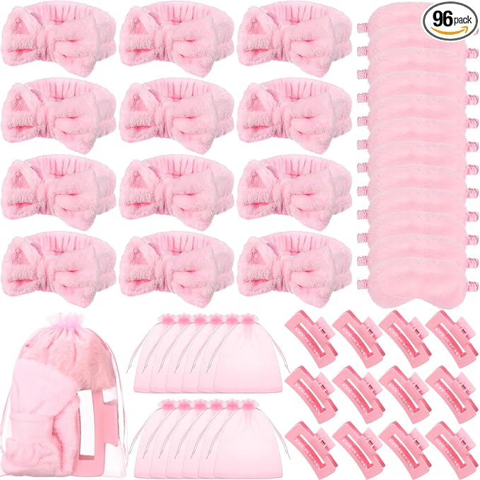 96 Pcs Spa Party Supplies Sleepover Essentials Gift for Mother's Day Spa Headband Plush Eye Mask Claw Clips Organza Bag for Women Adult Slumber Party Supplies (Pink)