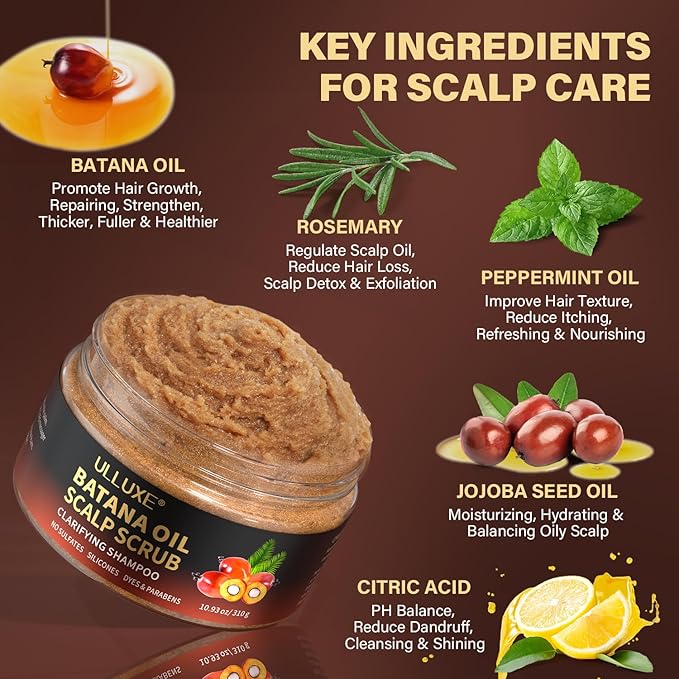 Scalp Scrub, Batana Oil Scalp Exfoliator 2-in-1 Clarifying Shampoo with Rosemary Mint, Hair Care Scalp Cleanser for Itchy Oily Scalp, Removes Build Up & Dandruff, Includes Scalp Massager, 10.93 oz