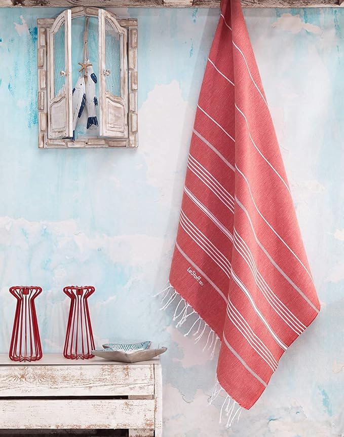 LeStoff Turkish Beach Towel 100% Organic Cotton Prewashed 38"x71" Soft Highly Absorbent Quick Drying Beach Pool Bath Yoga Gym Sauna Travel SPA Eco-Friendly Blanket Fouta Peshtemal - (Red)