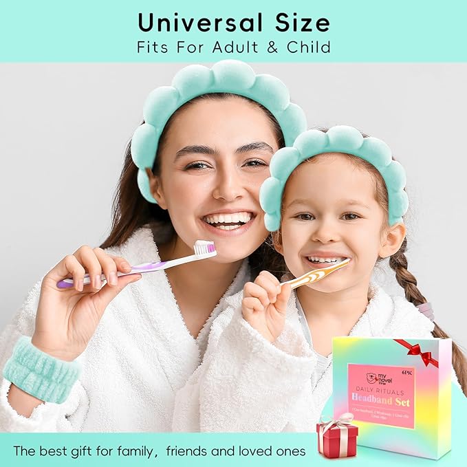 my novel things Spa Headband For Washing Face with Hair Clips Wristbands 6PK for Women Girls Gift, Soft-Puffy Velvet Makeup Headbands for Makeup, Skincare (Green)