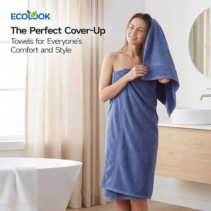 ecolook Bath Towels Set of 4,100% Cotton,27 x 55 Inches,Quick-Drying & Absorbent,Soft,Lightweight Towels for Bathroom,Shower,Spa, Gym & Hotel,Dark Blue