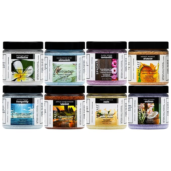 Hot Tub Aromatherapy Bath Salt 8-Pack Botanicals Bundle (4oz) - Apple Sandalwood, French Vanilla, Flora Wood, Ocean Breeze Pina Colada, Honey Mango,Tropical Rain, Eucalyptus, with Hot Cold Towel