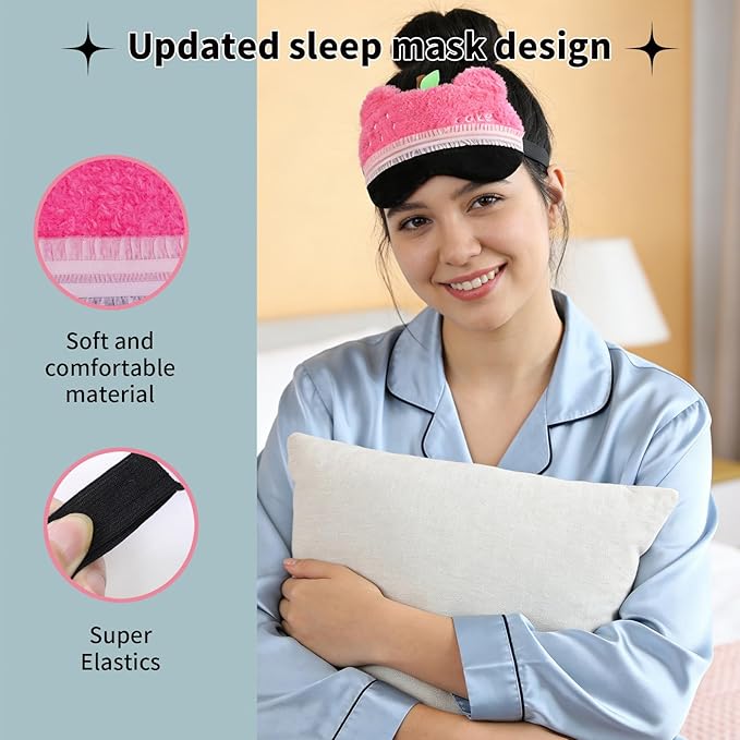PERFECTSIGHT Sleep Eye Masks, Cute Bear Plush Sleep Eye Cover Lightweight Adjustable Eyeshade Faux Fur Mask Cover for Women Men Kids Sleep Travel Nap, Rose Pink Cake