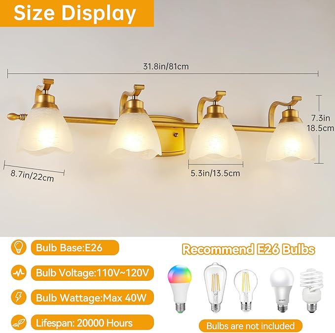 Bathroom Light Fixtures (4-Light, 32 Inch), Brushed Gold Vanity Lights for Bathroom with White Frosted Glass Shade, Modern Vanity Wall Lights for Mirror Bedroom Living Room Hallway