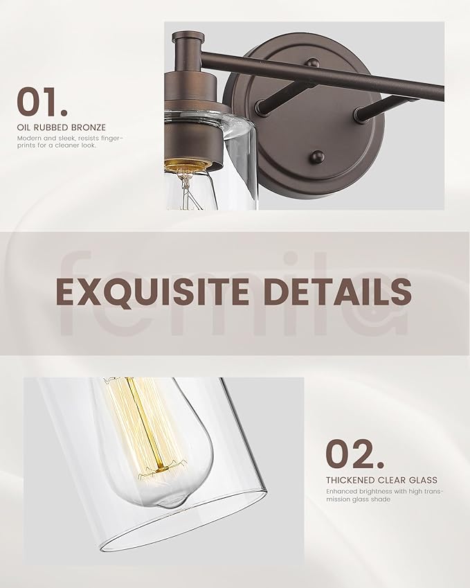 FEMILA 3-Light Vanity Light,Farmhouse Bathroom Light Fixtures,Metal Wall Sconce with Clear Glass Shade,Oil Rubbed Bronze Finish,4FYC56B-3W ORB