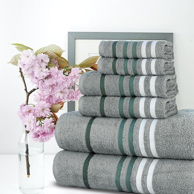 CASA COPENHAGEN Exotic 6Pcs 100% Egyptian Cotton Designer Towels Gift Set- Pine Grey, 550GSM,2Bath2Hand2Washcloths,Bath Towels for Bathroom (Box Pack,Gift Ribbon Set for Women & Men)