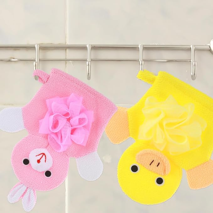 Bath Gloves Loofah for Kids, 2 Pcs Toddler Shower Sponges Body Scrubber, Cartoon Exfoliating Gloves, Cute Animal Washcloths Gloves for Body and Face Easy Lather (Yellow Duck and Pink Rabbit)