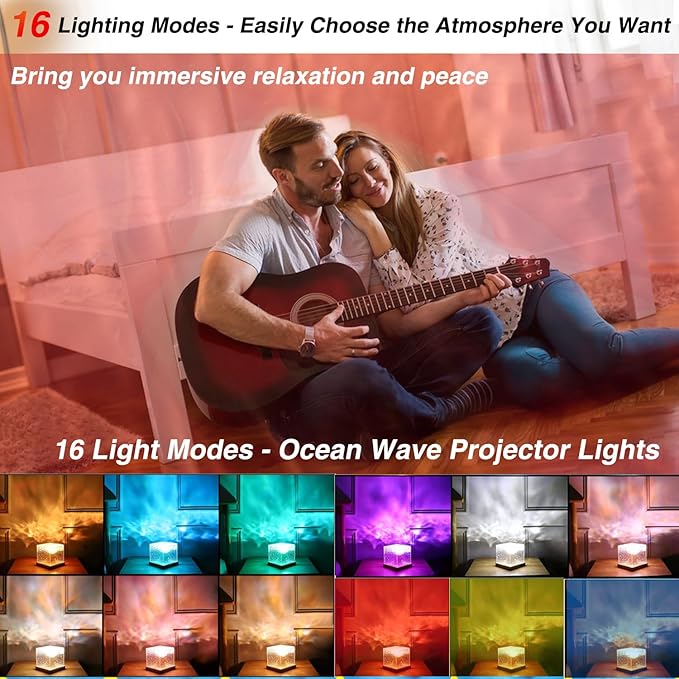 Ocean Wave Projector Light Cordless – Built-in Rechargeable Battery Water Ripple Lamp, 16 Color RGB Ambient Night Light for Bedroom Ceiling, Relaxation Mood Lighting Room Decor