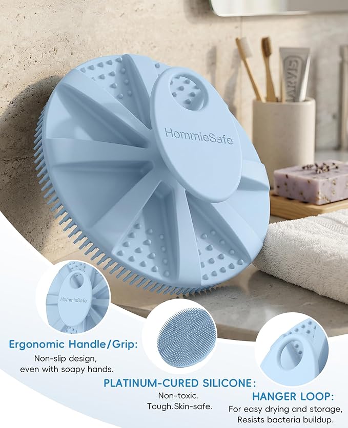 Soft Silicone Shower Brush Body Wash Bath Exfoliating Skin Massage Scrubber, Dry Skin Brushing Glove Loofah, Fit for Sensitive and All Kinds of Skin(2 Pack Sky Blue+2 Pack Black)