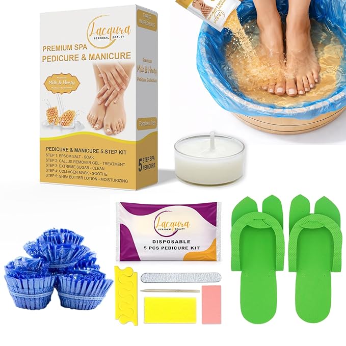 Deluxe 6 Step Pedicure Kit with Massage Oil Candle, Epsom Salt, Callus Remover Gel, Collagen Mask & Shea Butter Lotion + Disposable Pedicure Kit, Liner & Slippers (40 Sets, Milk & Honey)