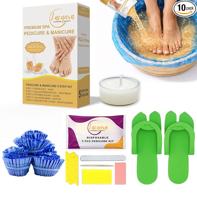 Deluxe 6 Step Pedicure Kit with Massage Oil Candle, Epsom Salt, Callus Remover Gel, Collagen Mask & Shea Butter Lotion + Disposable Pedicure Kit, Liner & Slippers (09 Sets, Milk & Honey)