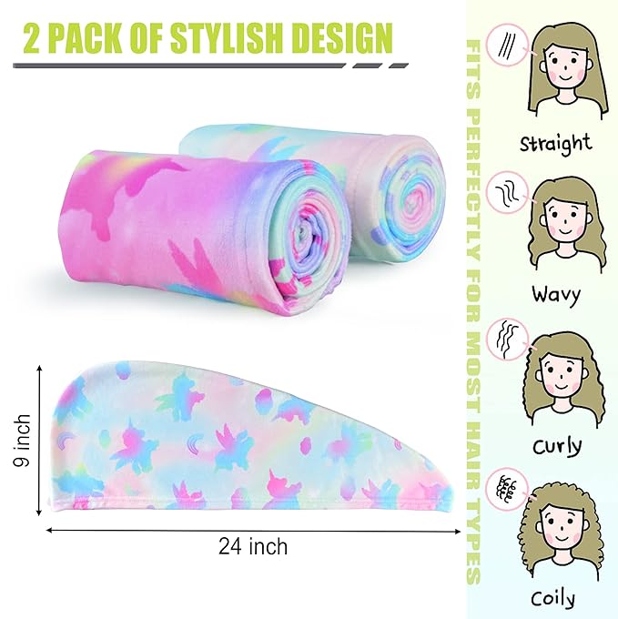 ELLEWIN Microfiber Hair Towel Wrap for Kids Girls 2 Pack Hair Turban Drying for Women Gifts Set Absorbent Quick Dry Twisty Anti Frizz Towel for Curly Long Thick Hair