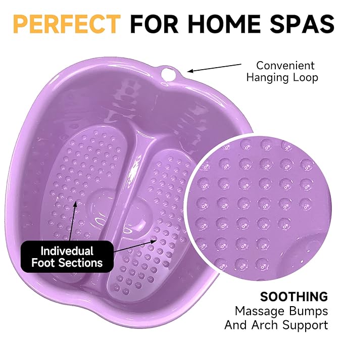Extra-Large Foot Bath Soak Tub 2-Pack – Durable Massage Basins for Home Relaxation, Fits Large Feet, Non-Slip Base Purple/Purple