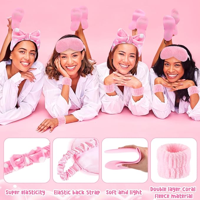 Moucuny 42 Pcs Summer Spa Sleepover Party Supplies Bulk for Women Include 6 Pink Hairbands 6 Eye Masks 12 Wristbands 6 Bath Loofahs 6 Pairs Disposable Slippers 6 Organizer Bags(Bright)