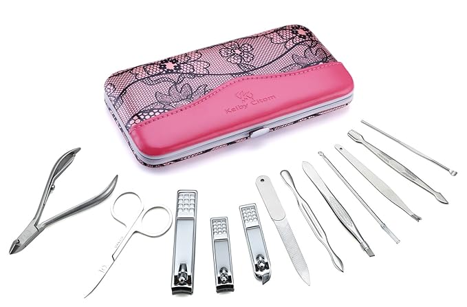 Manicure Set Professional Nail Clippers Kit Pedicure Care Tools- Stainless Steel Grooming Kit 12Pcs for Travel or Home (Pink)