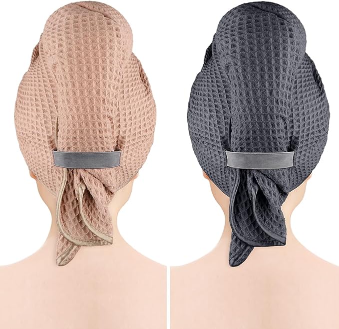GLIMGLINT 2 Pack Microfiber Hair Towel Wrap for Women Long, Curly Hair, Super Soft Hair Drying Towel, Fast Drying Waffle Hair Towel Wrap with Elastic Strap 40"X26.5" (Grey/Brown)