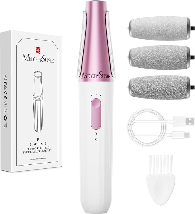 MelodySusie Electric Callus Remover for Feet, PC800G IPX7 Waterproof Rechargeable Pedicure Tool with LED Light & 3 Grits Roller Heads & Adjustable Speeds, for Dead Skin & Cracked Heel, White Rose
