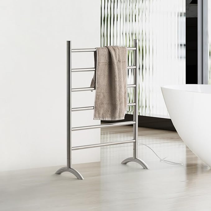 Freestanding Towel Warmer 6 Bars Plug-in Option 3 Working Modes with Top-Mounted Timer Brushed Stainless Steel 24” W 34” H