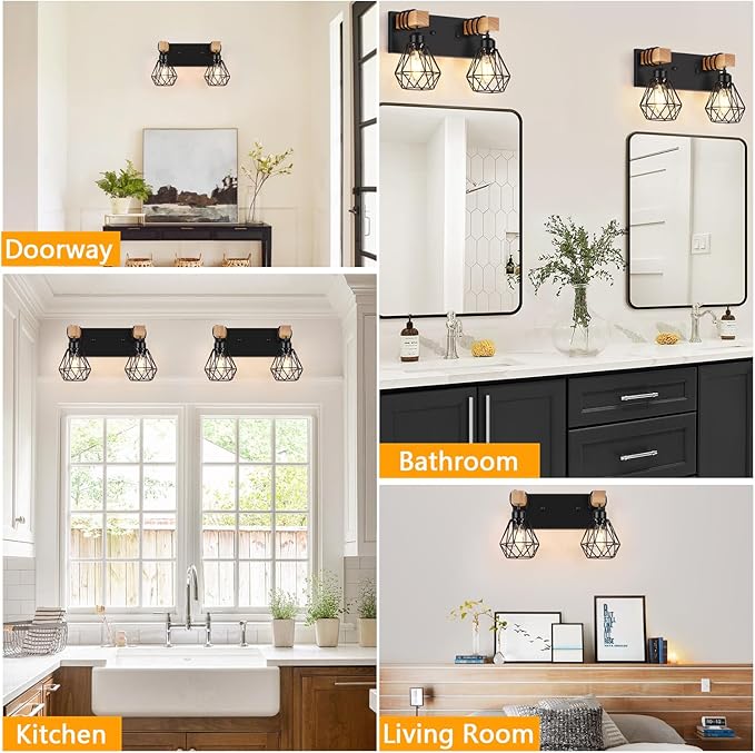 FadimiKoo 2-Light Rustic Style Wood Bathroom Wall Sconce, Farmhouse Vanity Lighting Fixture fopr Bathroom, Industrial Wood Wall Light Over Mirror with Metal Shade, Bulbs Not Included