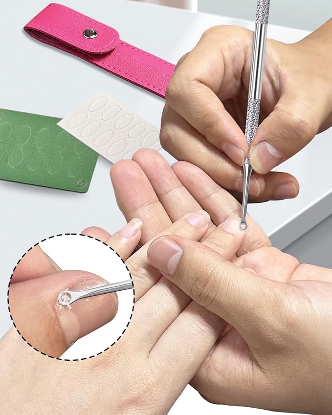 Loop Cuticle Pusher, Pre-treatment Cuticle Pusher, Stainless Steel Round Cuticle Pusher with 100#/240# Grit Nail Files and 1p Storage Bags, For Salon & Home Use