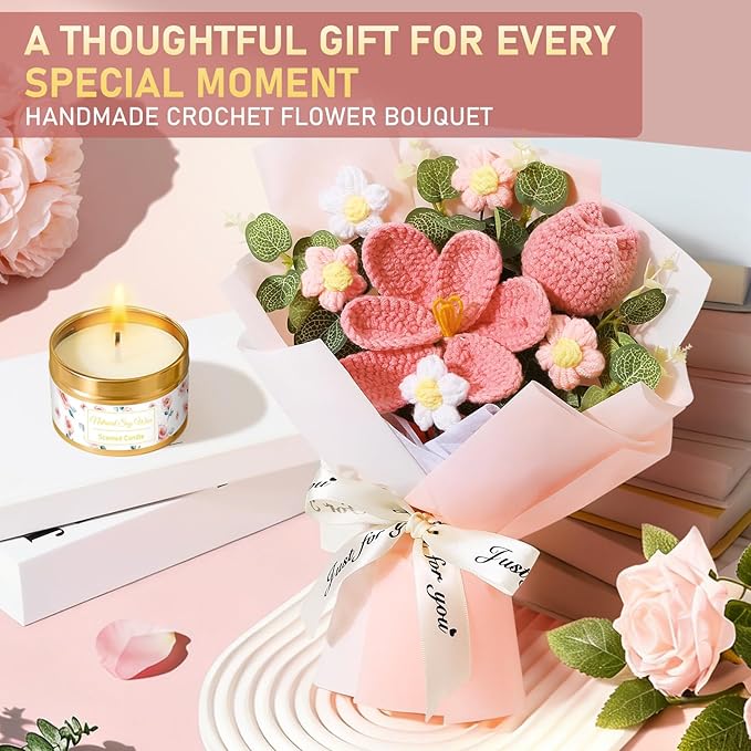 Birthday Gifts for Women, Gift Baskets for Women Self Care Spa Set, Get Well Care Package Inspirational Relaxation Mothers Day Gifts with Crochet Flower Bouquet for Mom Friend Sister