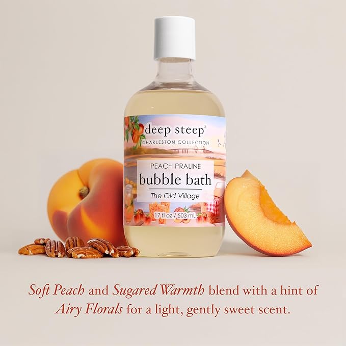 Deep Steep Peach Praline Bubble Bath for Women, Hypoallergenic, Clinically Tested, Clean Formula for Sensitive Skin, Sulfate-Free, 17 fl oz Bottle, Essential Bath Accessories