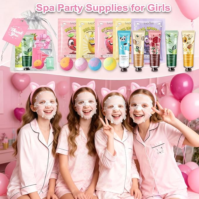 110PCS Spa Party Supplies for Girls, Daughter Spa Party Favors Include Face Masks,Hand Cream,Lip Balm,Foot Bath Bombs,Headbands,Lip Mask,Sleepover Party gifts,Stocking Stuffers for teen Girls