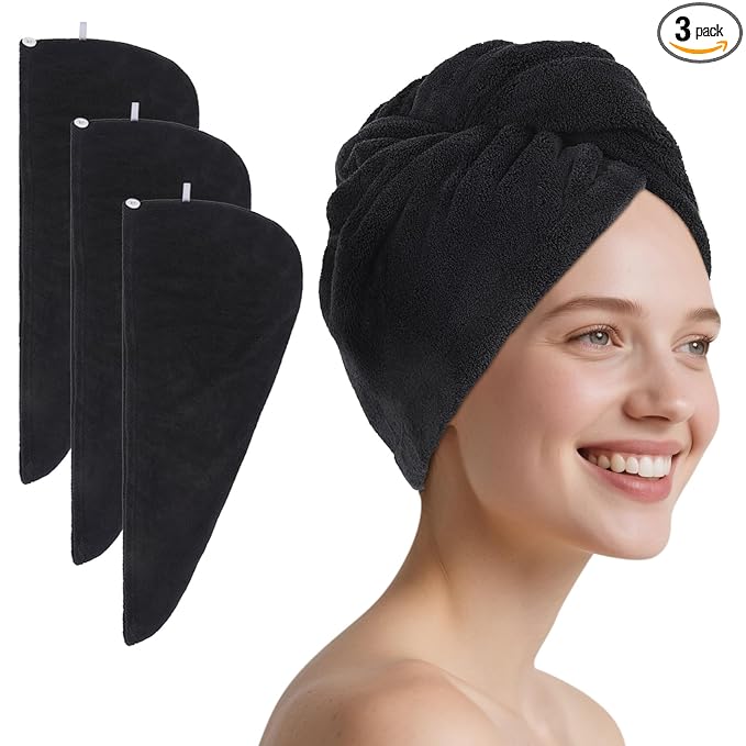 SINLAND Microfiber Hair Drying Cap Hair Towel Turban Twist for Women Fast Drying Towels Head Turban Absorbent Soft Lightweight Black 3 Pack