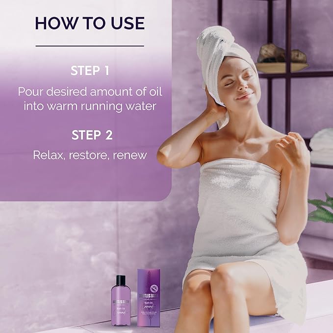 Lavender Bath Oil with Marula, Rosehip, and Jojoba Oils, Chamomile Extract, and 100% Pure Natural Essential Oil, Great Stocking Stuffer or Gift, 4oz, for Men and Women, Made in USA