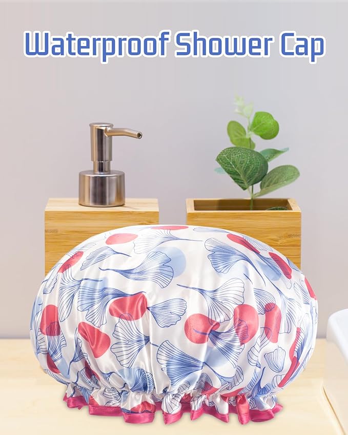 Aquior Shower Caps, Reusable Shower Cap for Women, Double Layer Waterproof Hair Cap, Microfiber Large Size for All Hair Lengths,for Girls Spa Home Salon Use (Red-Tulip)