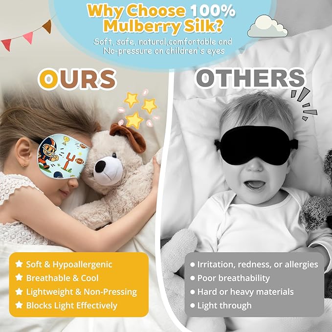 Kids Silk Sleep Mask – 100% Mulberry Silk Eye Cover, Kid Eye Mask with Adjustable Strap, Soft & Breathable Blackout Sleeping Mask for Boys and Girls Ages 5-15 (Football Style)