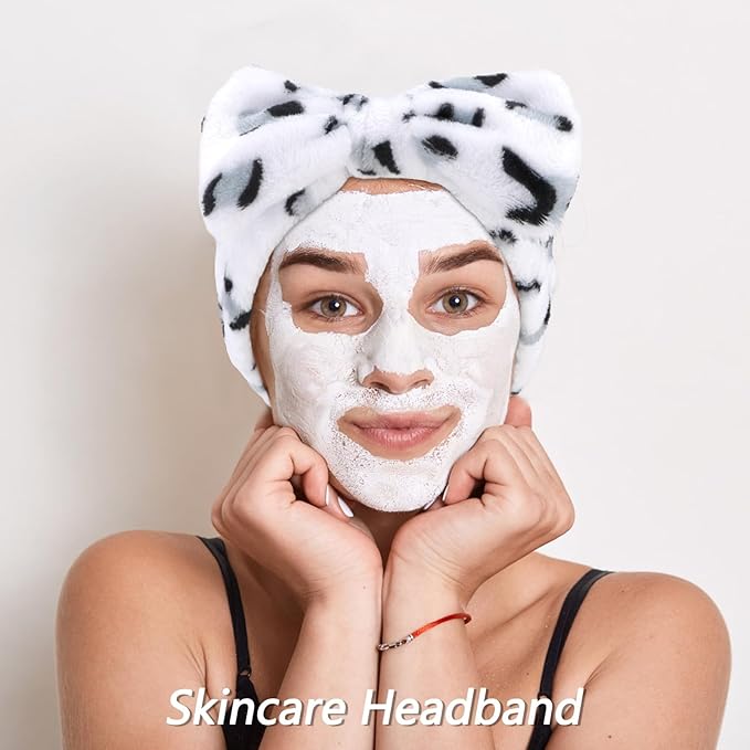 6 Pcs Elastic Microfiber Spa Headband Set for Women - Makeup, Skincare, Face Wash Wristbands, Beauty. (White spots)