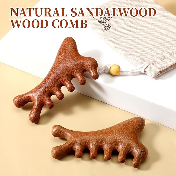 2 Pcs Wooden Scalp Massager Comb Sandalwood Scalp Massager Handmade for Gua Sha Head Legs Neck Face Care Shoulder Foot Stress Relax Women Men Hair Growth with Storage Bag