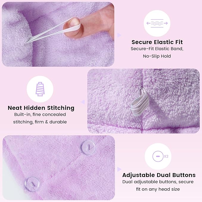 Microfiber Hair Towel Wrap for Women, 2 Pack Large Fast Drying Hair Towel, Ultra Soft Thick Absorbent Anti-Frizz Towel for Curly Long Wet Hair, Durable Double Stitched Edges(Purple /Lavender)