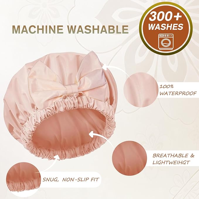 Shower Cap for Women, Cute Bow Waterproof Reusable Bath Cap, Non-Slip Anti Humidity, Roomy Anti-Frizz for Short Medium Wavy Hair, Soft Elastic & Machine Washable, Pink