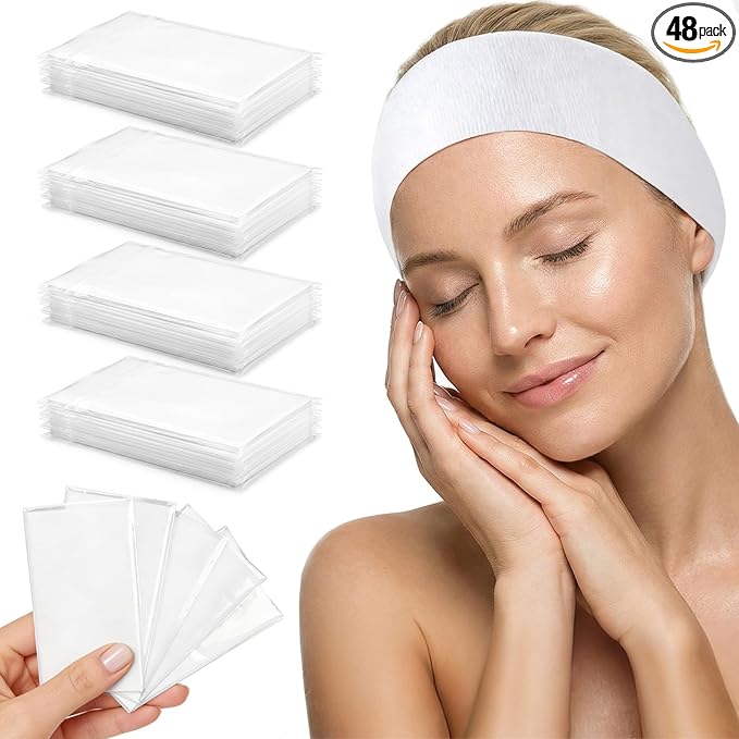 Disposable Headbands for Spa & Facials – 48pcs White Disposable Spa Headbands for Women, Professional Headband for Facials, Esthetician, Skincare & Washing Face – Non-Woven Disposable Hair Bands Pack