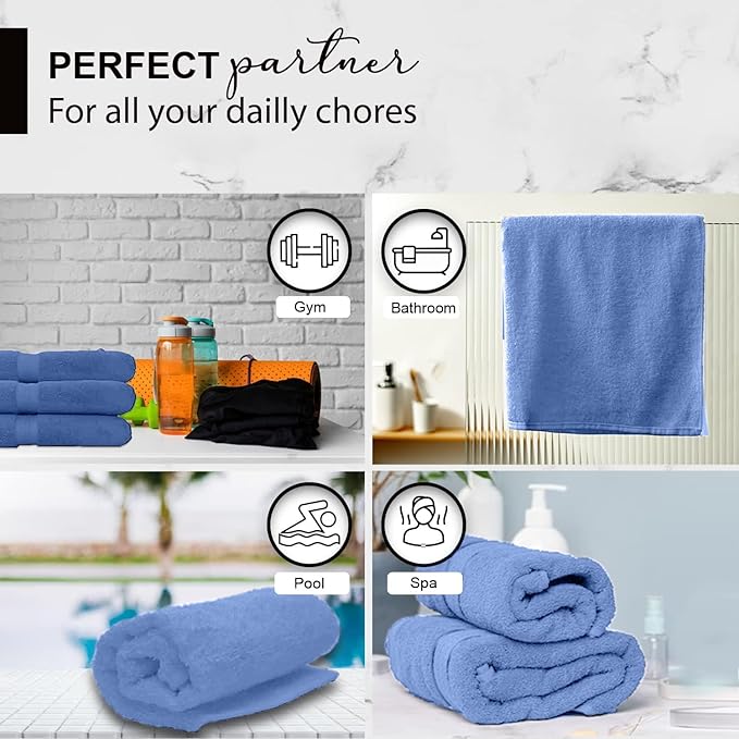 KAHAF COLLECTION 100% Cotton Bath Towels, 24x48 Pack of 6 Towels, Quick Dry, Highly Absorbent, Soft Feel Towel, Gym, Spa, Bathroom, Shower, Pool, Luxury Soft Towels (Blue, 24x48-6 Pack)