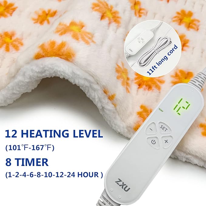 ZXU Heating Pad for Back Pain Relief and Cramps Relief- Ultra Soft Sherpa Heating Pad, XL King Size 12" x 24", 12 Heat Levels & 1-24H Auto Off，Stay on Function Hot Heated Pad, Machine Washable