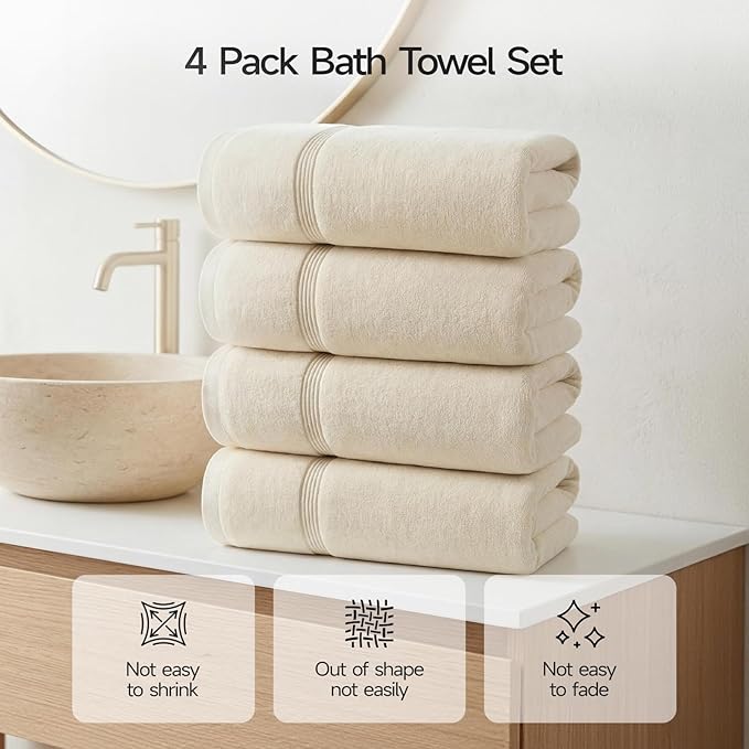 ecolook Bath Towels Set of 4,100% Cotton,27 x 55 Inches,Quick-Drying & Absorbent,Soft,Lightweight Towels for Bathroom,Shower,Spa, Gym & Hotel,Beige