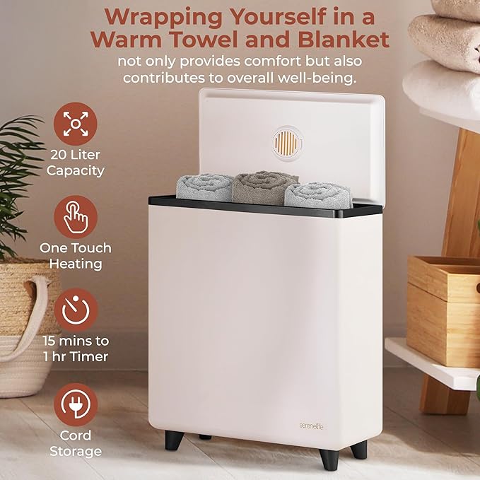 SereneLife Rectangular Towel Warmer Bucket, Large Capacity Single Touch Towel & Blanket Warmer With Insulated Lid, Holds 2 Large Towels/Blanket, Auto Shut-Off For Safety, Black